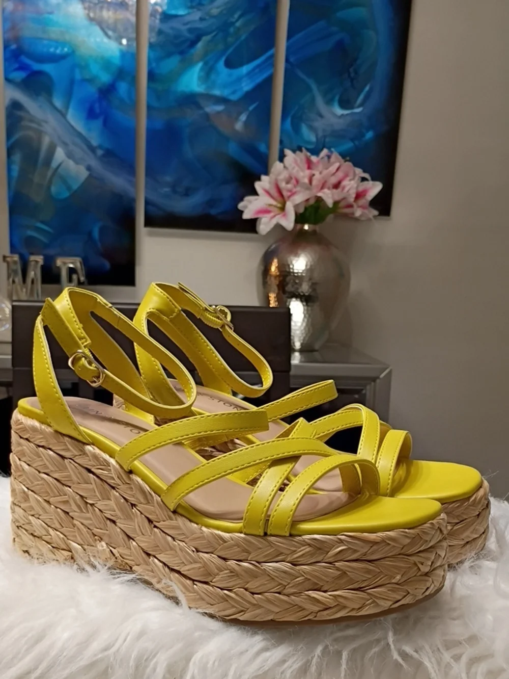 New Sun + Stone Citron Yellow Strappy Rafia Espadrille Platform Sandals 5.5M